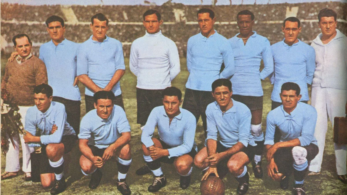 The 1930 FIFA World Cup Final — Uruguay national football team 1930 world cup winners. Standing: Fígoli (masseur), Gestido, Nasazzi, Ballestrero, Mascheron