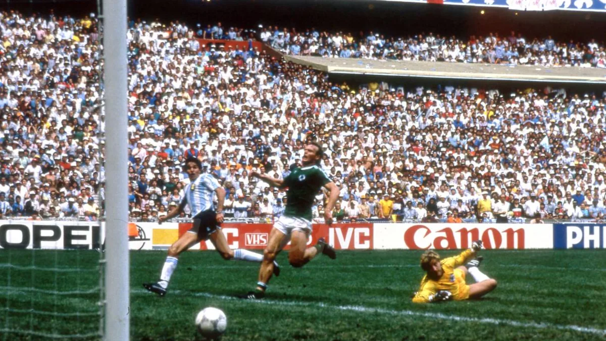 The 1986 FIFA World Cup Final — Jorge Burruchaga scoring the third goal of Argentina.