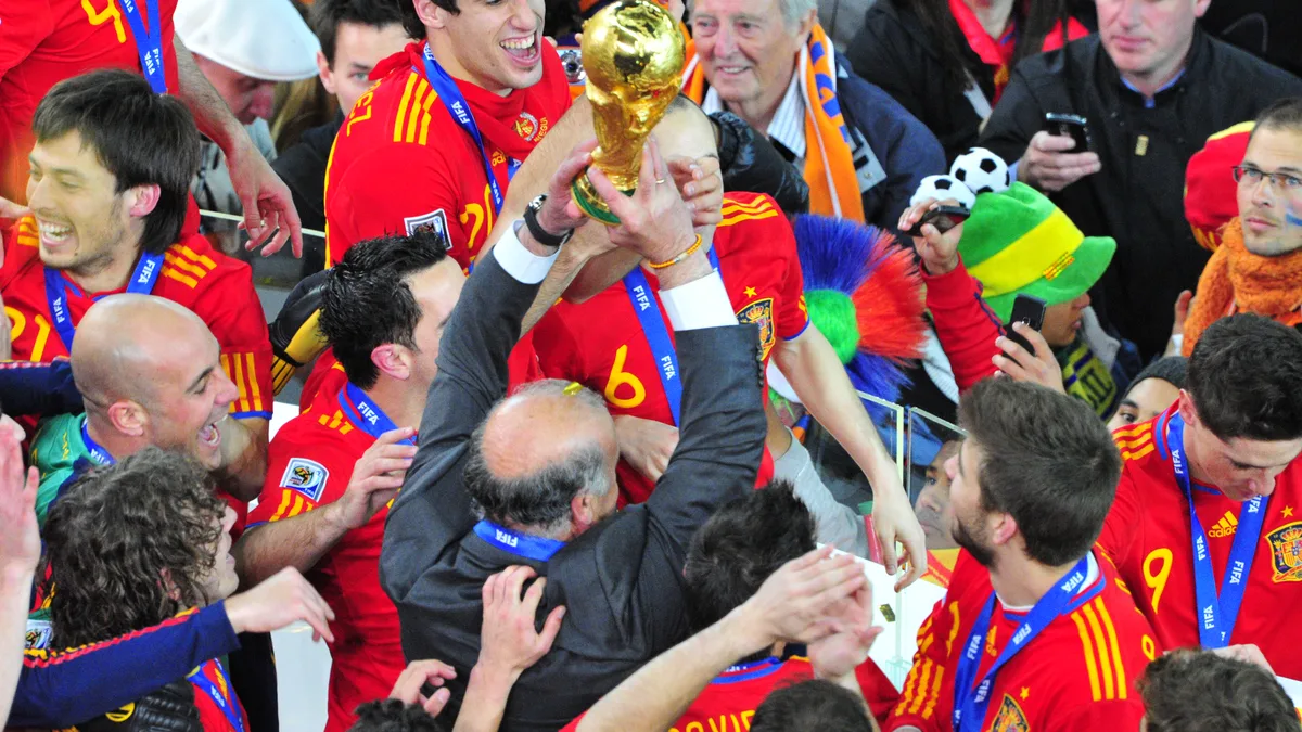 The 2010 FIFA World Cup Final — Spain with the cup after FIFA World Cup 2010 Final against Netherlands , 11 July 2010, Soccer City , Johannesburg